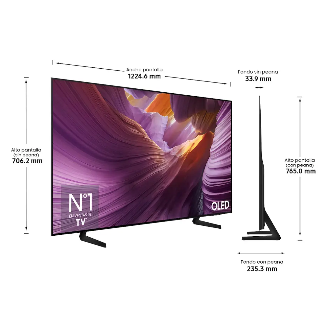 Imagen con las dimensiones del televisor Samsung TQ-55S85FAUXXC de 55 pulgadas, indicando altura, anchura y profundidad del aparato.