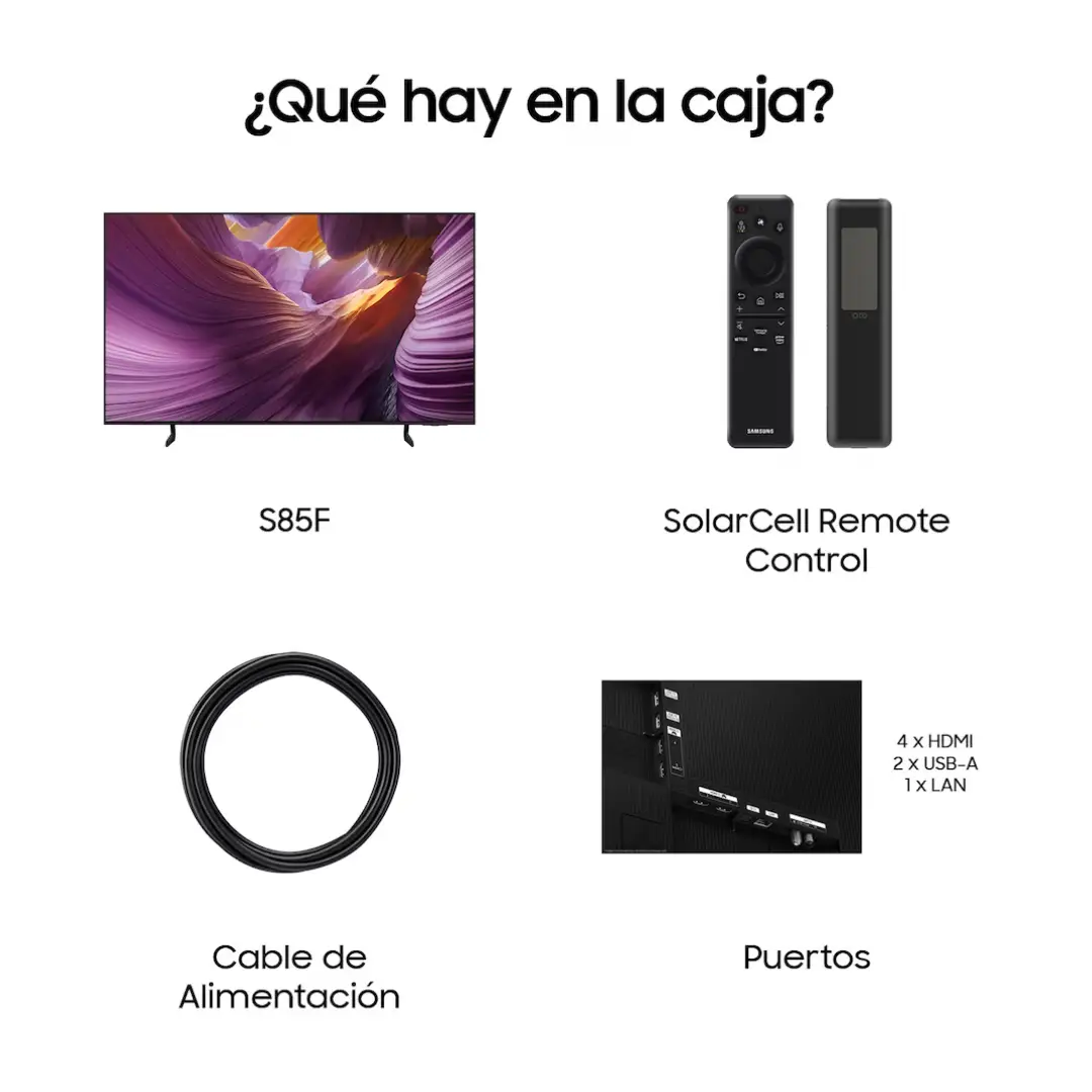 Imagen mostrando el contenido de la caja del televisor Samsung TQ-55S85FAUXXC de 55", incluyendo mando a distancia, base o soporte, cables y documentación.