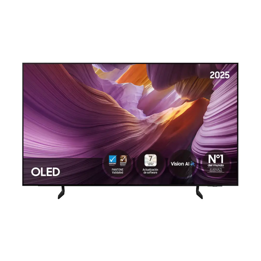 Imagen frontal del televisor OLED Samsung TQ-55S85FAUXXC de 55 pulgadas, con resolución 4K, compatibilidad HDR10+ y funciones Smart TV, mostrando su diseño elegante.