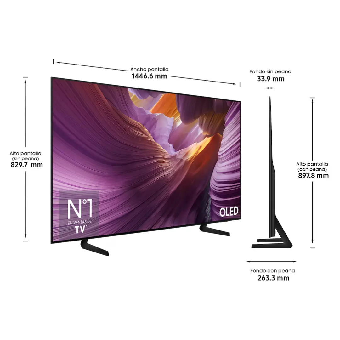 Imagen con las dimensiones del televisor Samsung TQ-65S85FAEXXC de 65 pulgadas, mostrando altura, anchura y profundidad del aparato.