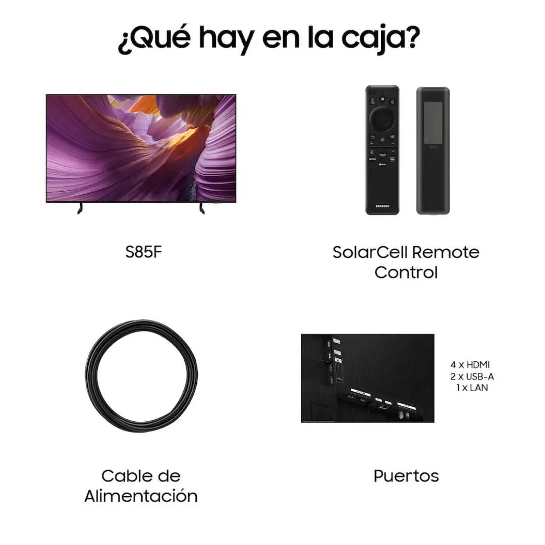 Imagen mostrando el contenido de la caja del televisor Samsung TQ-65S85FAEXXC de 65", incluyendo mando a distancia, base o soporte, cables y documentación.
