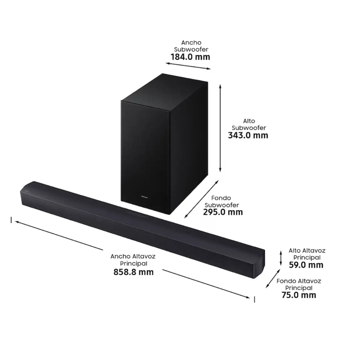 Imagen con las dimensiones de la barra de sonido Samsung HW-B450F/ZF 2.1CH, mostrando longitud, altura y profundidad del dispositivo y del subwoofer.