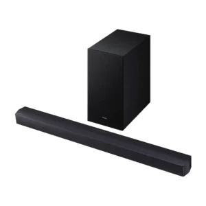 Imagen frontal de la barra de sonido Samsung HW-B450F/ZF 2.1CH, con subwoofer inalámbrico incluido, diseño elegante y potencia de audio para el hogar.