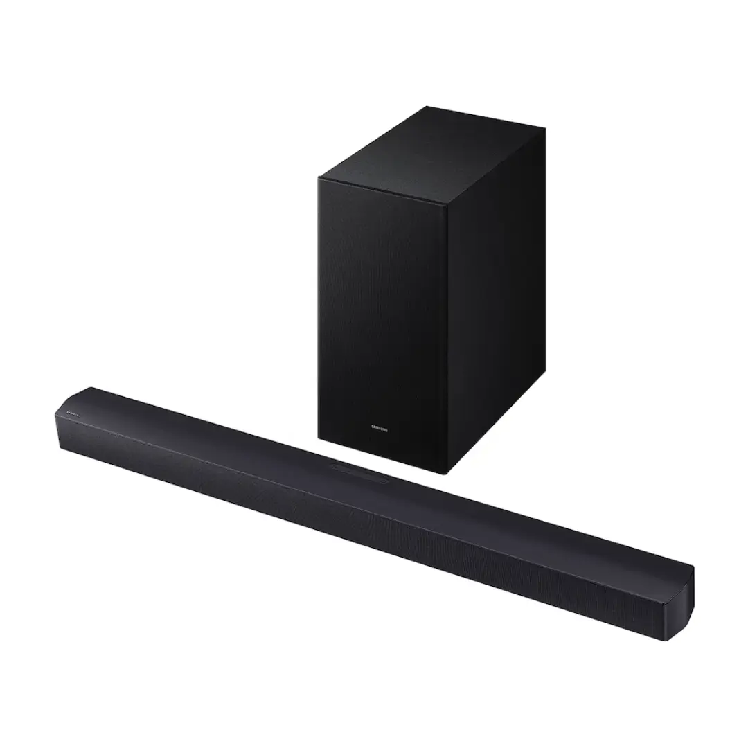 Imagen frontal de la barra de sonido Samsung HW-B450F/ZF 2.1CH, con subwoofer inalámbrico incluido, diseño elegante y potencia de audio para el hogar.