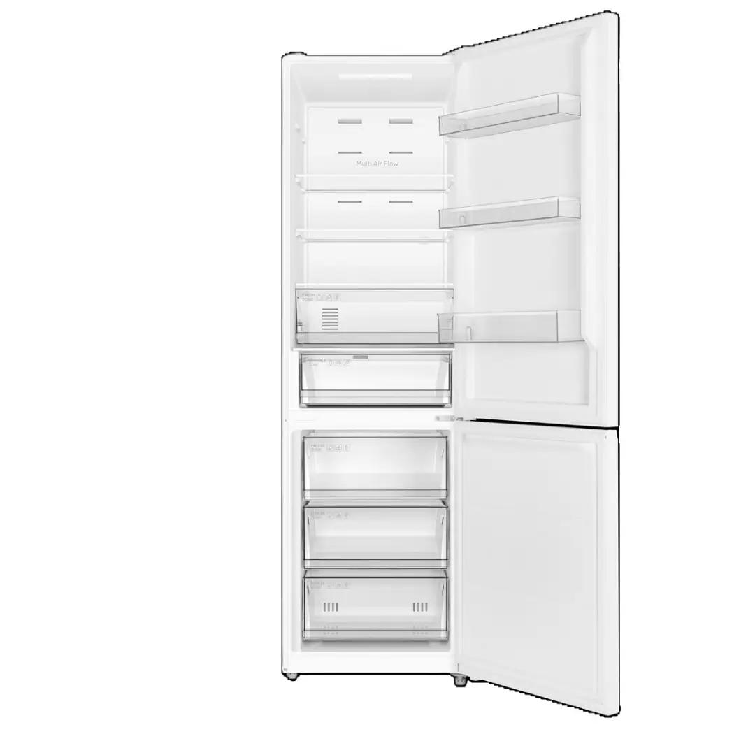 Imagen del frigorífico TCL RP-409BWE1EU en color blanco con las puertas abiertas, mostrando el interior espacioso de 409 litros con estantes, cajones y bandejas.
