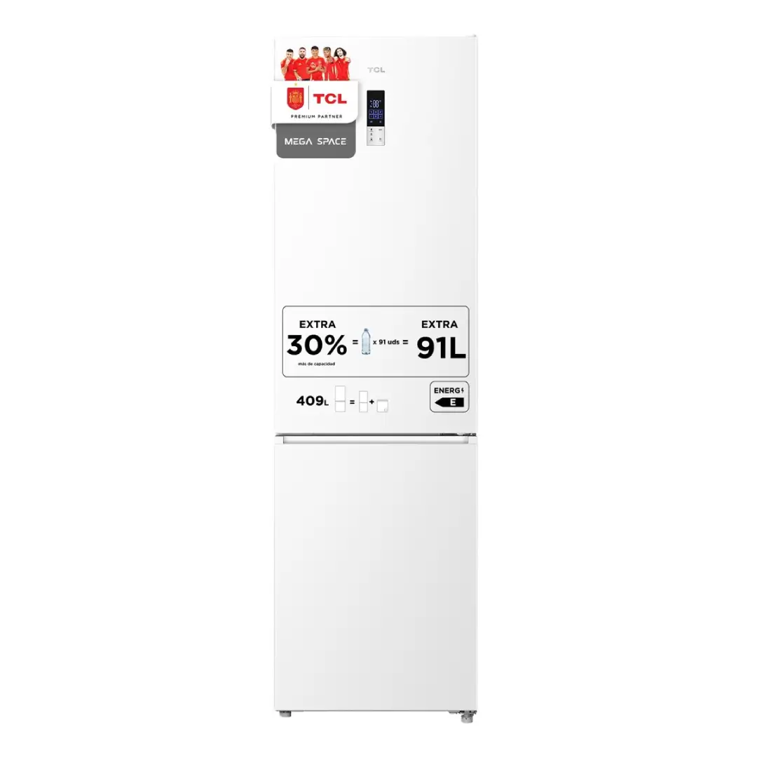 Imagen frontal del frigorífico combi TCL RP-409BWE1EU en color blanco, con 409 litros de capacidad, tecnología No Frost, 185 cm de altura y display en la puerta.