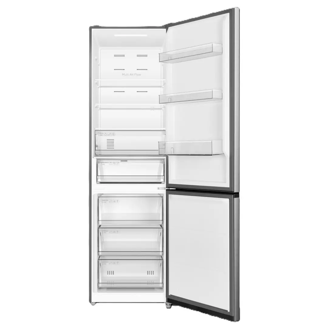 Imagen del frigorífico TCL RP-409BIE1EU en acabado inox con las puertas abiertas, mostrando el interior de 409 litros con estantes, cajones y distribución Total No Frost.