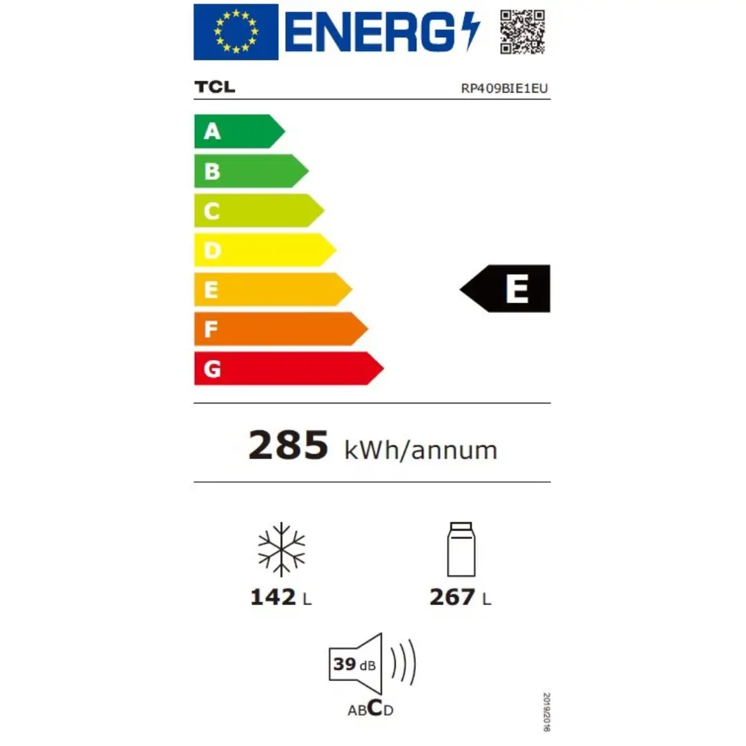 Imagen de la ficha de consumo energético del frigorífico TCL RP-409BIE1EU en color inox, mostrando su clase energética E y el consumo anual de electricidad.