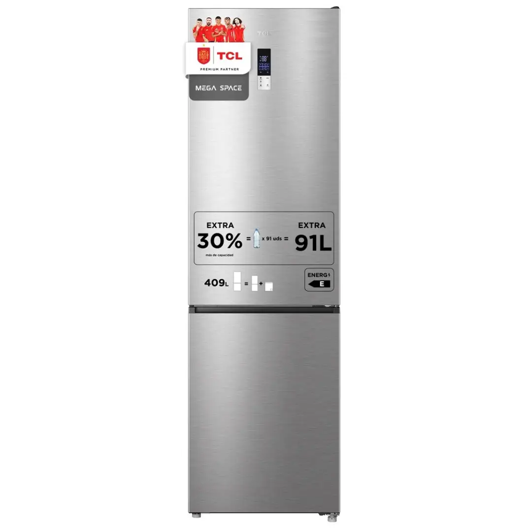 Imagen frontal del frigorífico combi TCL RP-409BIE1EU en acabado inox, con 409 litros de capacidad, tecnología Total No Frost, 185 cm de altura, display integrado y eficiencia Clase E.