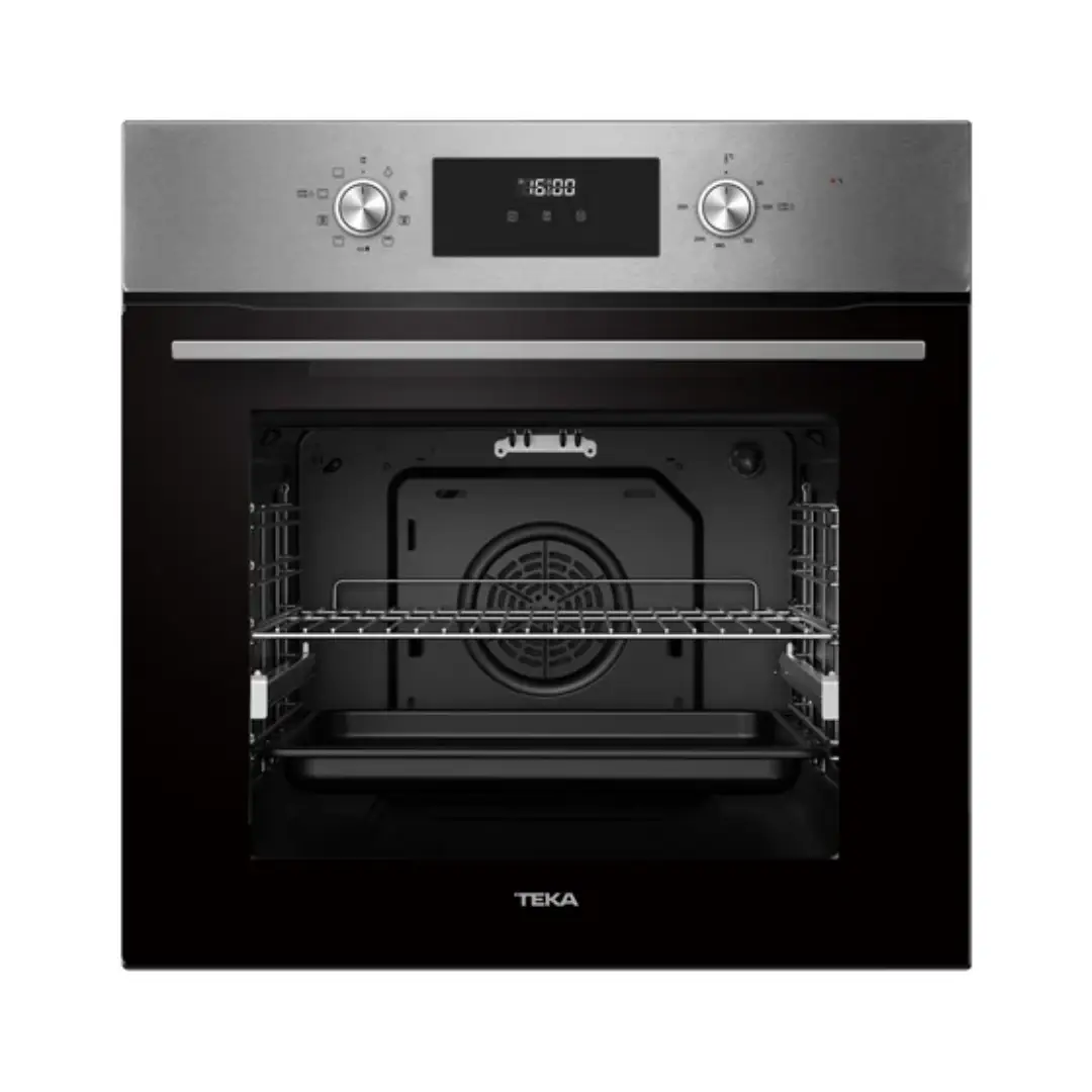 Imagen frontal del horno multifunción Teka HCB-6370SSE00 en acabado inox, con capacidad de 70 litros y eficiencia energética Clase A+.
