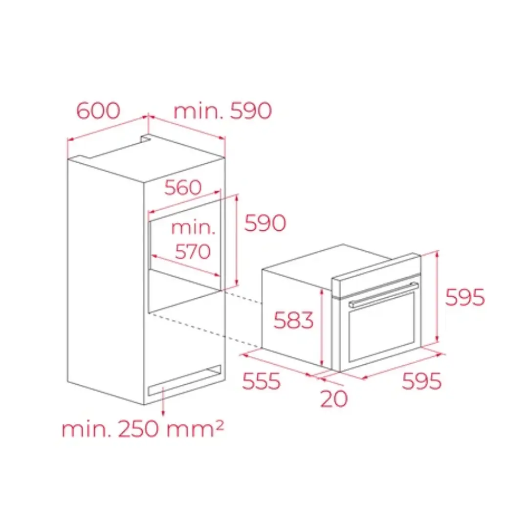 Imagen con las dimensiones del horno Teka HCB-6370SSE00 en acero inox, mostrando altura, anchura y profundidad del aparato.