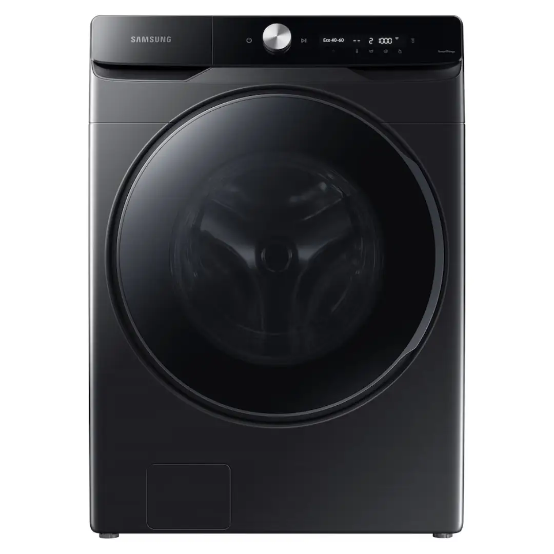 Imagen frontal de la lavadora Samsung WF-20DG8650BVU3 en color negro, con 20 kg de capacidad, 1000 rpm, sistema de vapor y panel con AI Control.