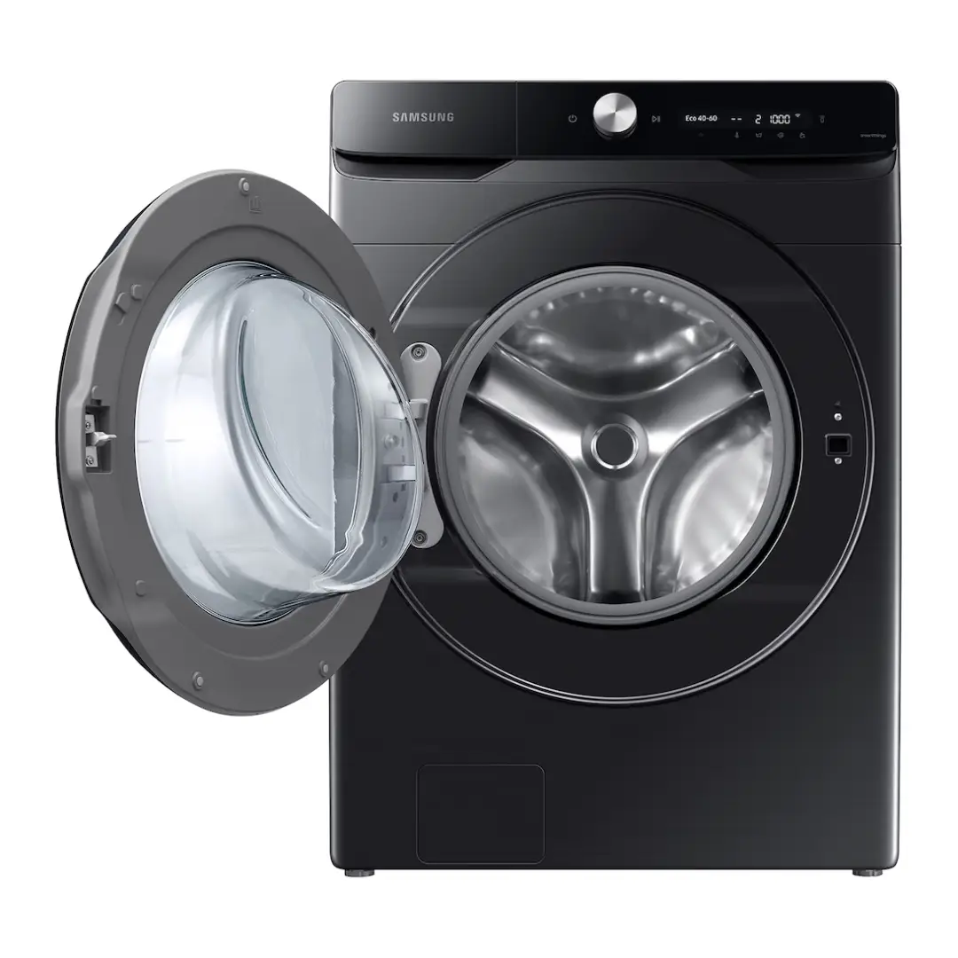 Imagen de la lavadora Samsung WF-20DG8650BVU3 en color negro con la puerta abierta, mostrando el tambor de gran capacidad de 20 kg.