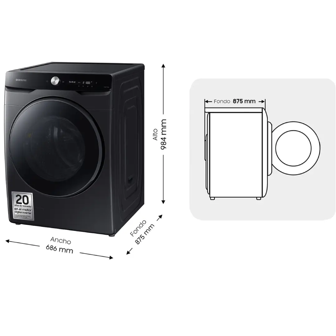 Imagen con las dimensiones de la lavadora Samsung WF-20DG8650BVU3 en acabado negro, indicando altura, anchura y profundidad del aparato.