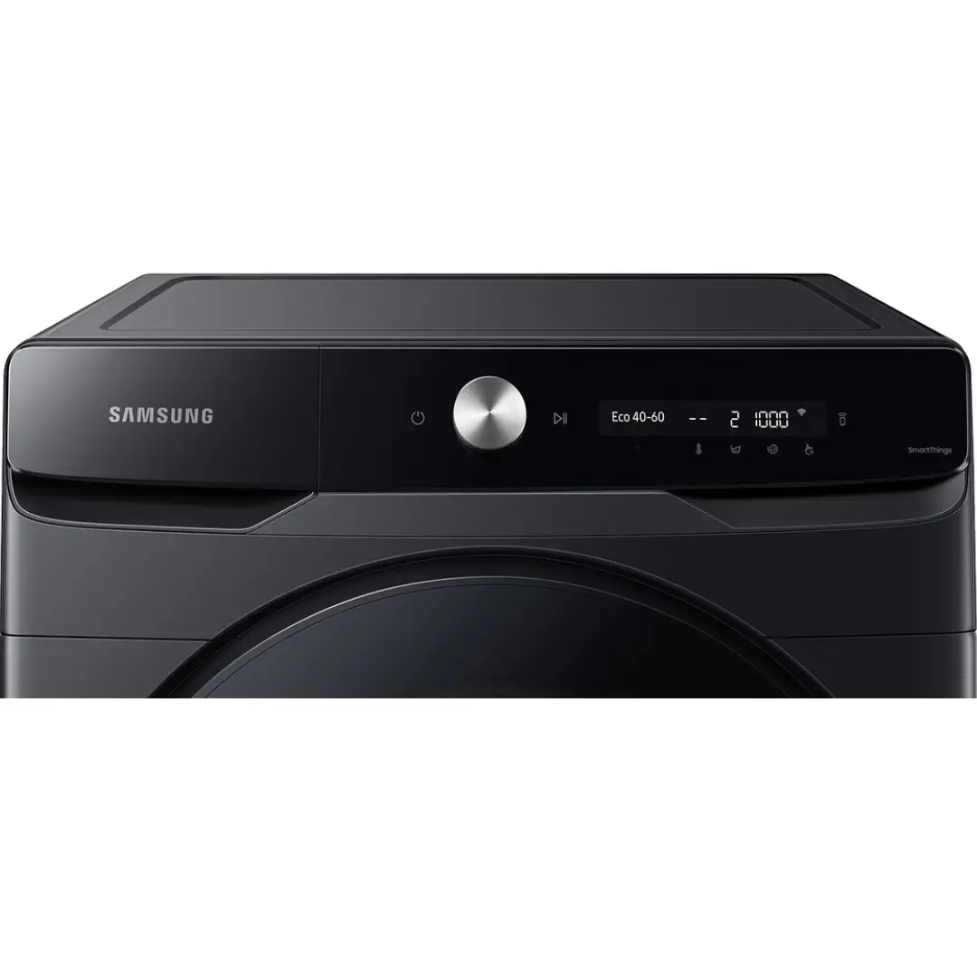Imagen del panel de control de la lavadora Samsung WF-20DG8650BVU3 en color negro, con mandos y pantalla digital con funciones inteligentes AI Control.