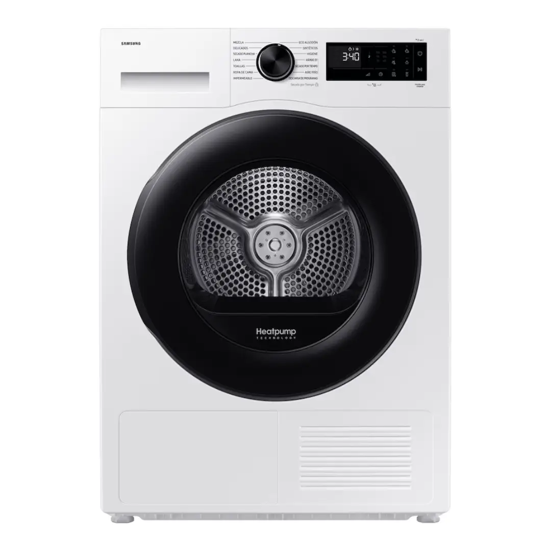 Imagen frontal de la secadora Samsung DV90DG52A0AEEC en color blanco, con capacidad de 9 kg, tecnología de bomba de calor y conectividad SmartThings.