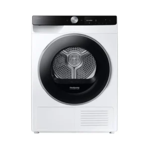 Imagen frontal de la secadora Samsung DV-90DG6845LKU3 en color blanco, con capacidad de 9 kg, eficiencia energética Clase A y conectividad WiFi.