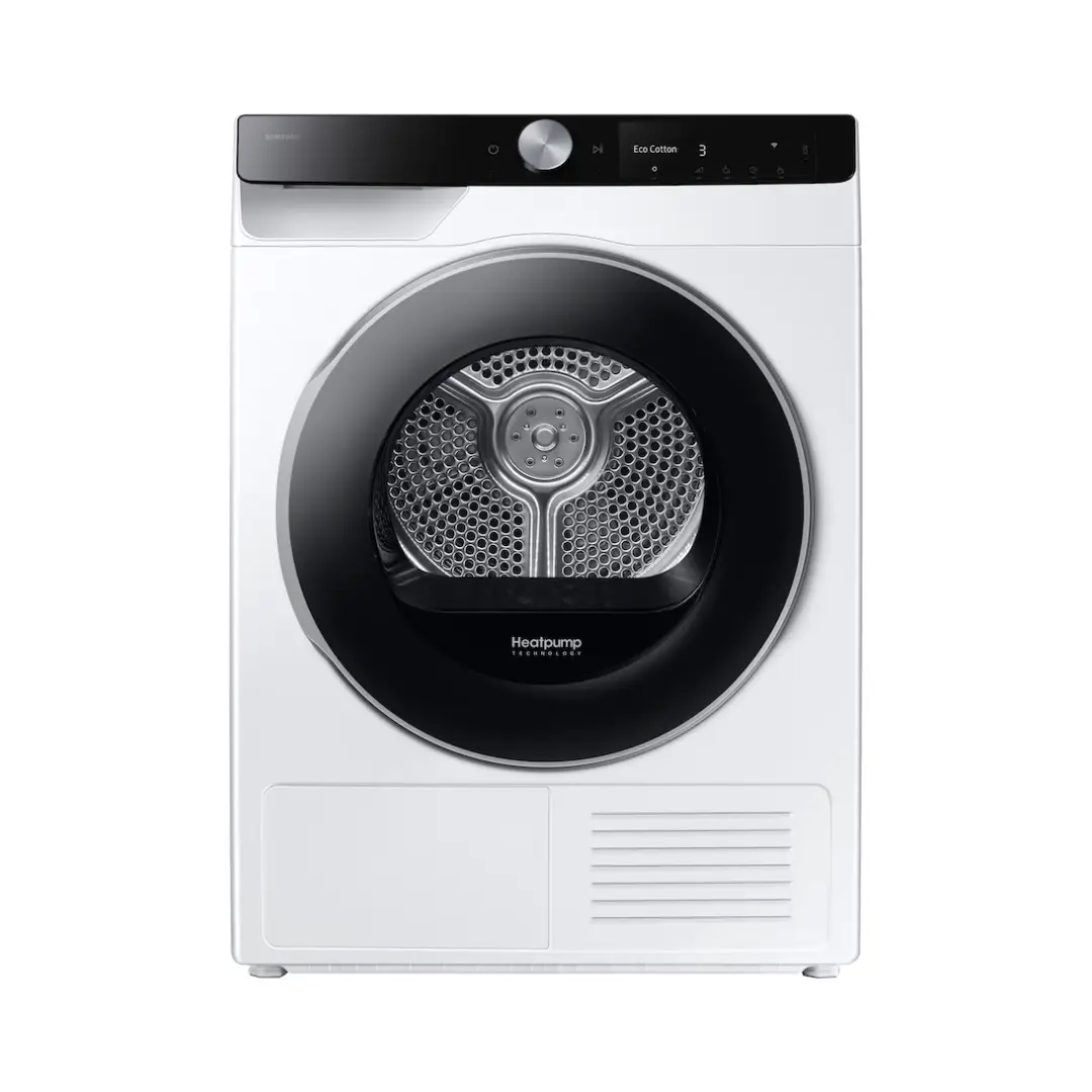 Imagen frontal de la secadora Samsung DV-90DG6845LKU3 en color blanco, con capacidad de 9 kg, eficiencia energética Clase A y conectividad WiFi.