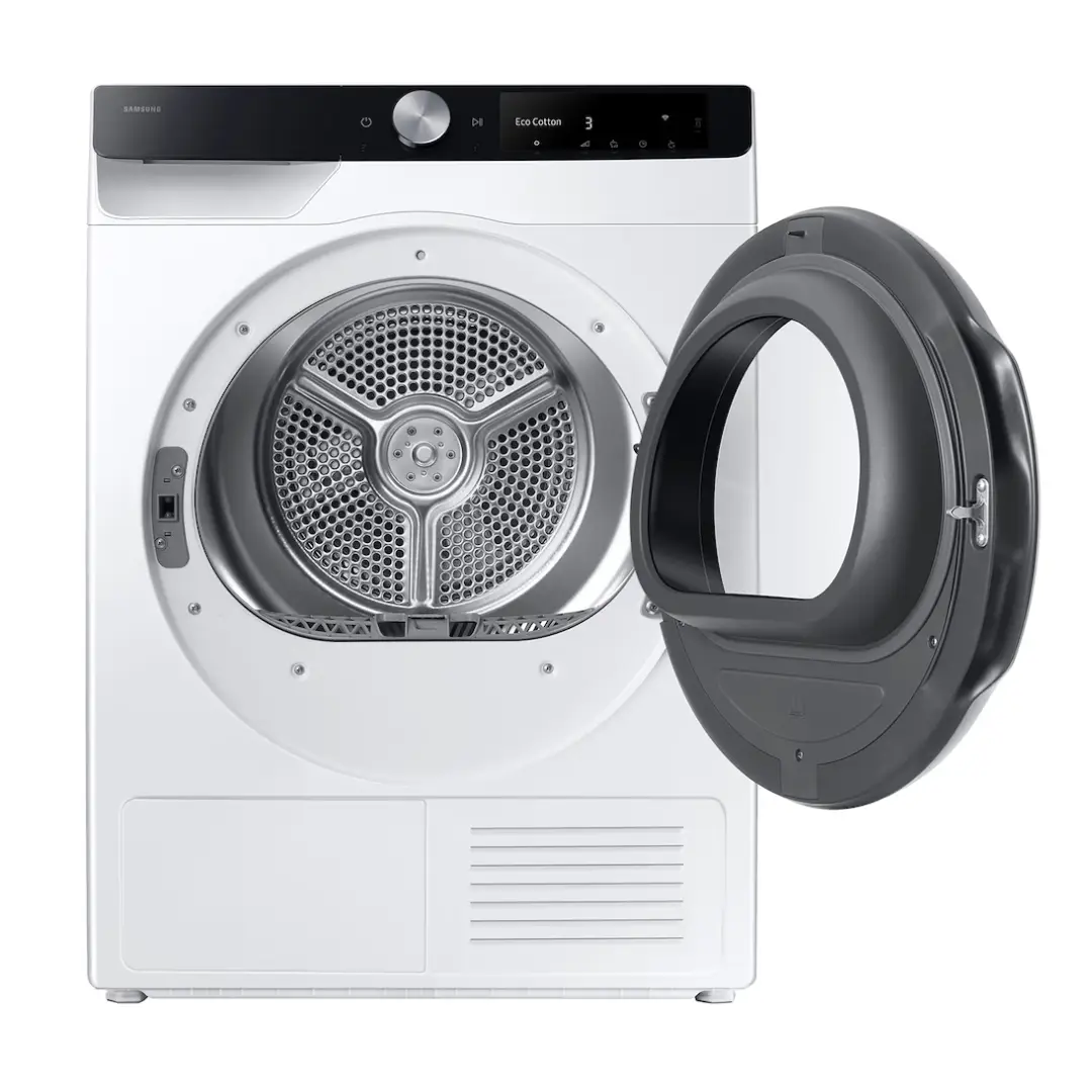 Imagen de la secadora Samsung DV-90DG6845LKU3 en color blanco con la puerta abierta, mostrando el tambor de 9 kg de capacidad.