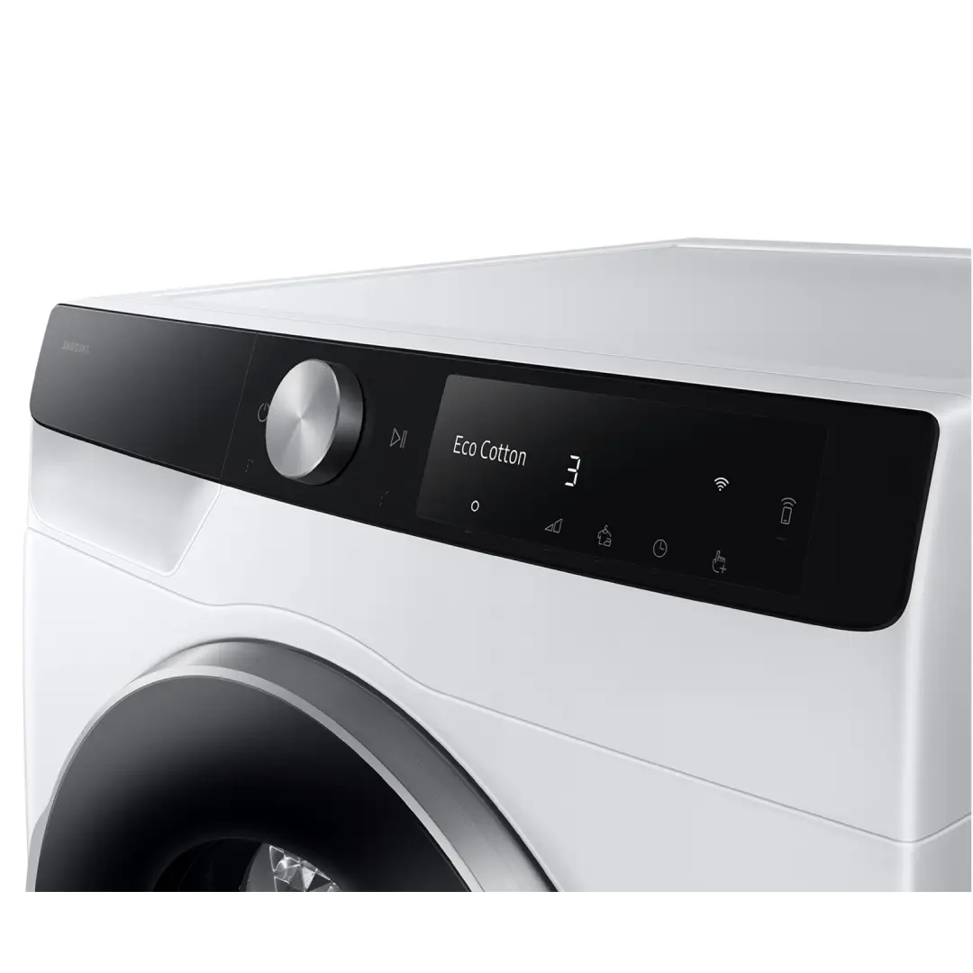 Imagen del panel de control de la secadora Samsung DV-90DG6845LKU3 en color blanco, mostrando botones, pantalla digital y funciones inteligentes con WiFi.