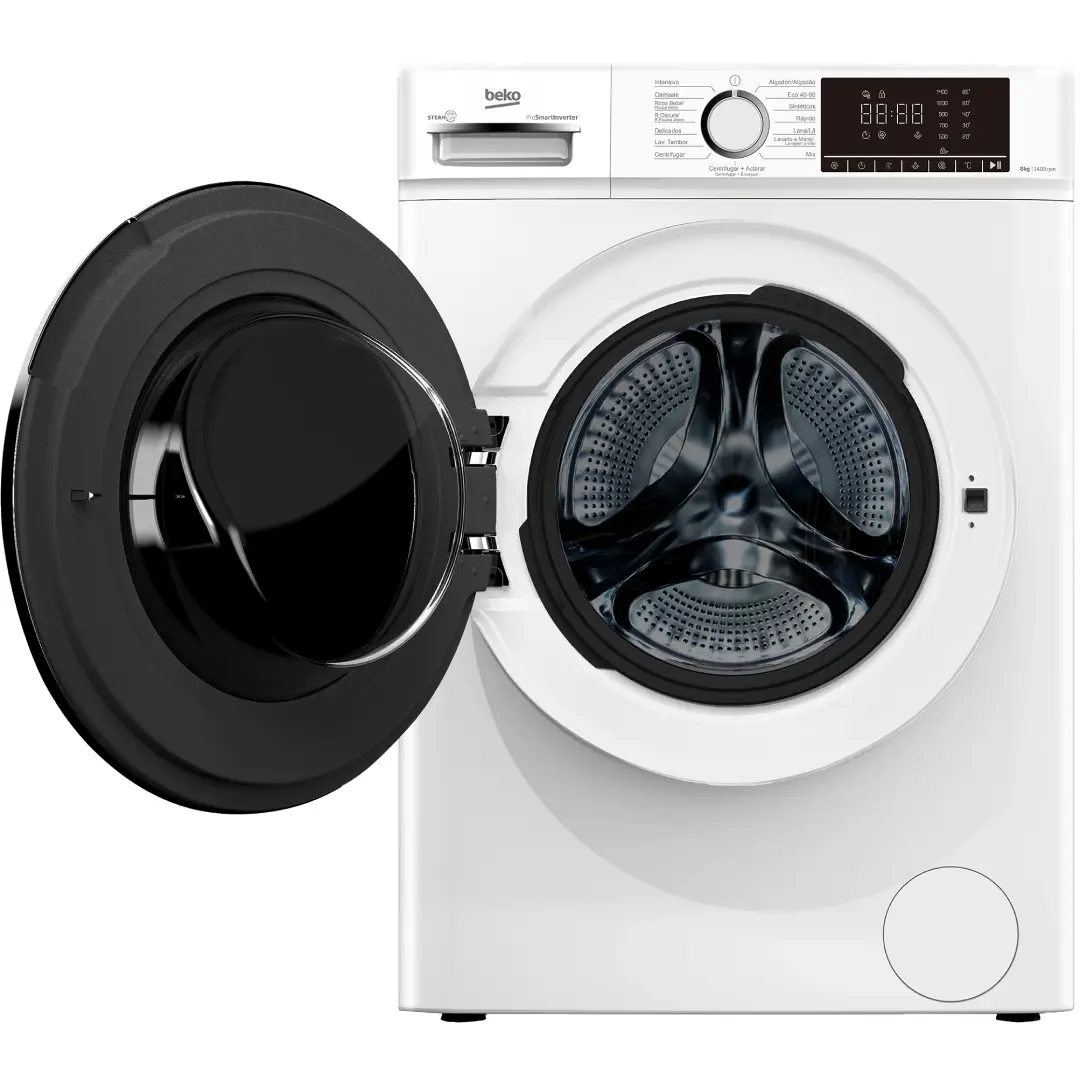 Interior de la lavadora Beko B1XW-864WSPT blanca, tambor abierto mostrando capacidad de 8 kg, diseño espacioso y moderno para todo tipo de prendas.