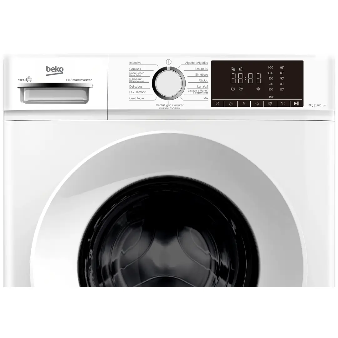 Detalle del panel de control de la lavadora Beko B1XW-864WSPT blanca, mostrando botones, pantalla y programas disponibles, fácil manejo y tecnología avanzada SteamCure™.