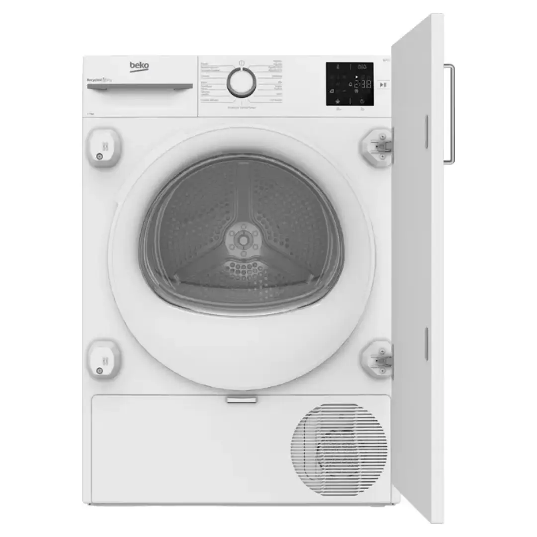 Imagen frontal de la secadora Beko BM3T-3723BWB en color blanco, integrable, con capacidad de 7 kg y eficiencia energética Clase E.
