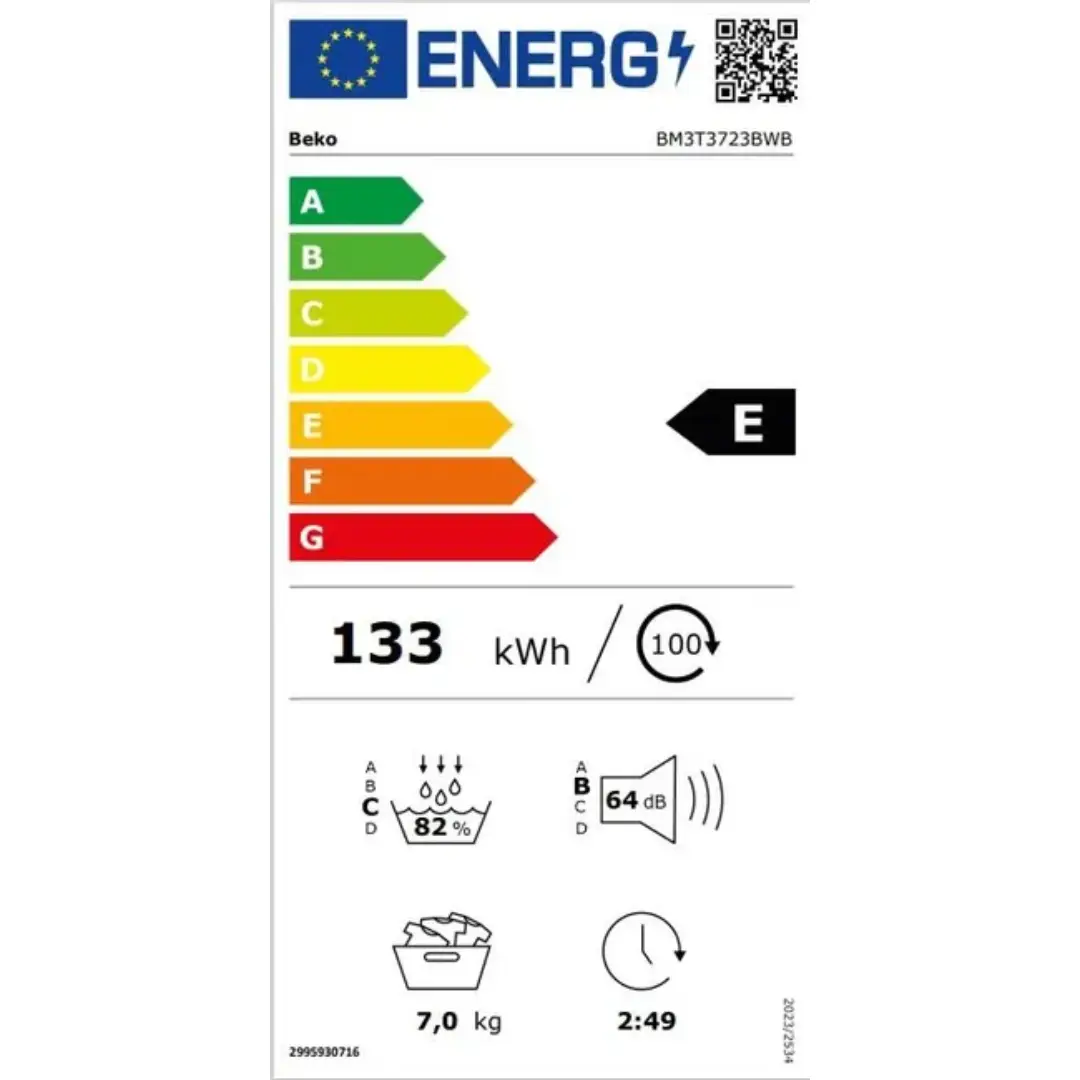 Imagen de la ficha de consumo energético de la secadora Beko BM3T-3723BWB, mostrando eficiencia Clase E y datos de consumo eléctrico por programa.