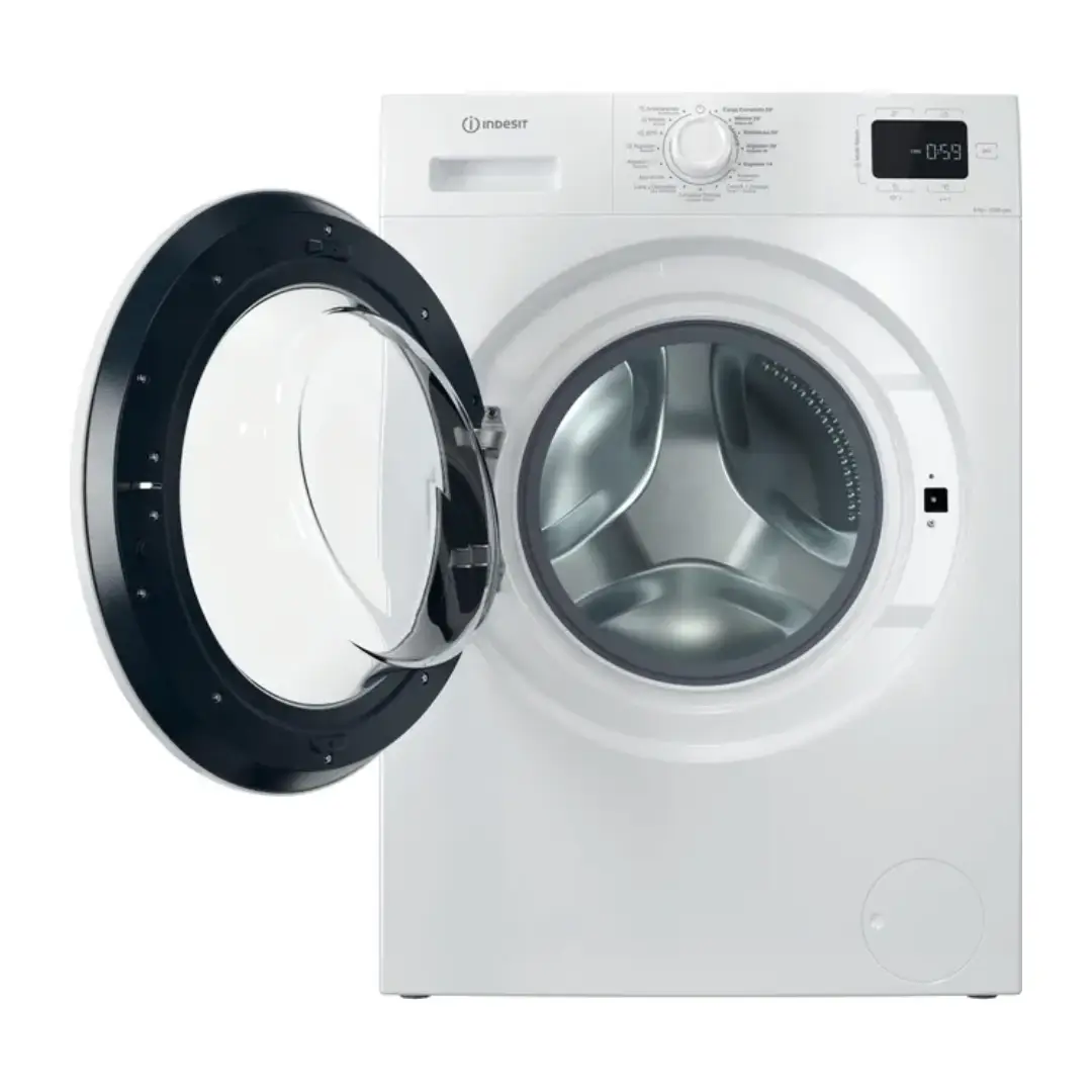 Imagen de la lavadora Indesit IM 962 MY TIME SPT con la puerta abierta, mostrando el tambor y la boca de carga.