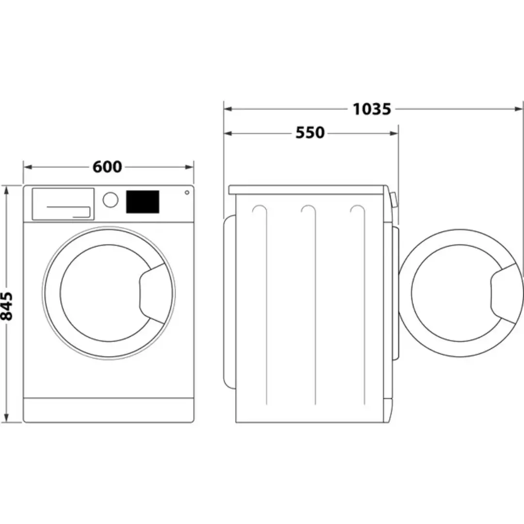 Imagen con las dimensiones de la lavadora Indesit IM 962 MY TIME SPT, indicando altura, anchura y profundidad del electrodoméstico.