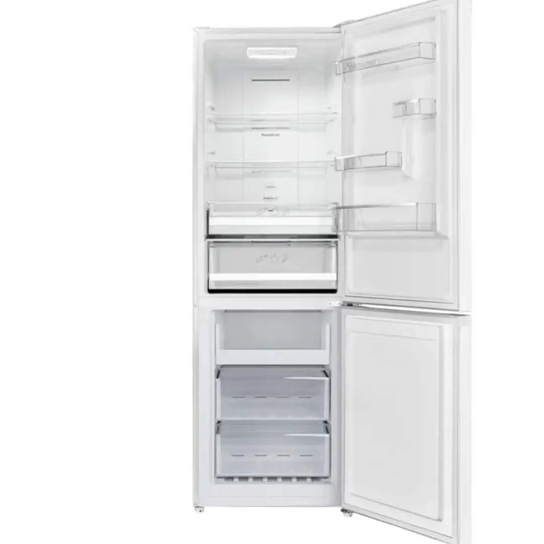 Imagen del frigorífico combi Indesit INK2-5322 W4E en color blanco con las puertas abiertas, mostrando el interior con estantes, cajones y distribución de 322 litros.