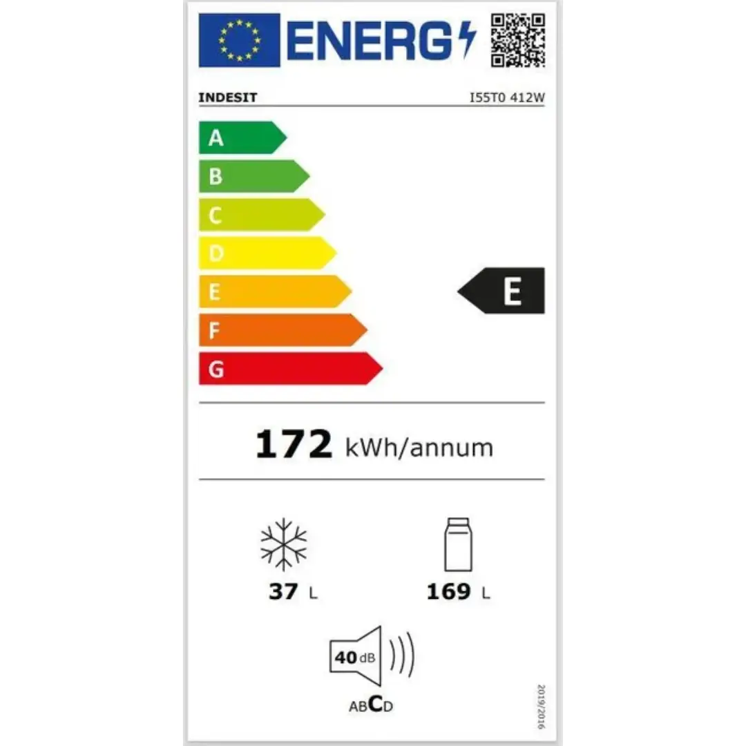 Imagen de la ficha de consumo energético del frigorífico Indesit I5550-412W en color blanco, mostrando eficiencia Clase E y consumo anual de electricidad.