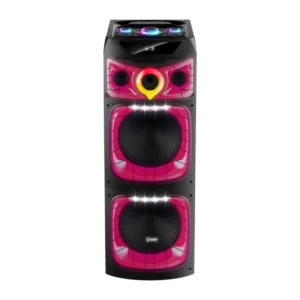 Imagen frontal del altavoz trolley ELCO PDT-2124DJ con potencia de 220W, efectos láser y micrófono inalámbrico, equipado con asa y ruedas para transporte.