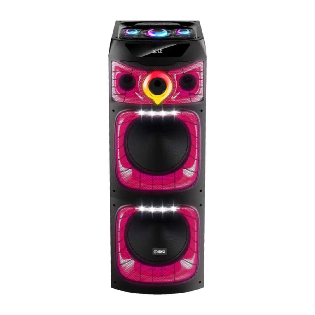 Imagen frontal del altavoz trolley ELCO PDT-2124DJ con potencia de 220W, efectos láser y micrófono inalámbrico, equipado con asa y ruedas para transporte.