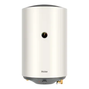 Imagen frontal del termo eléctrico Haier ES80V-RM1 de 80 litros, con control mecánico y posibilidad de instalación tanto horizontal como vertical.