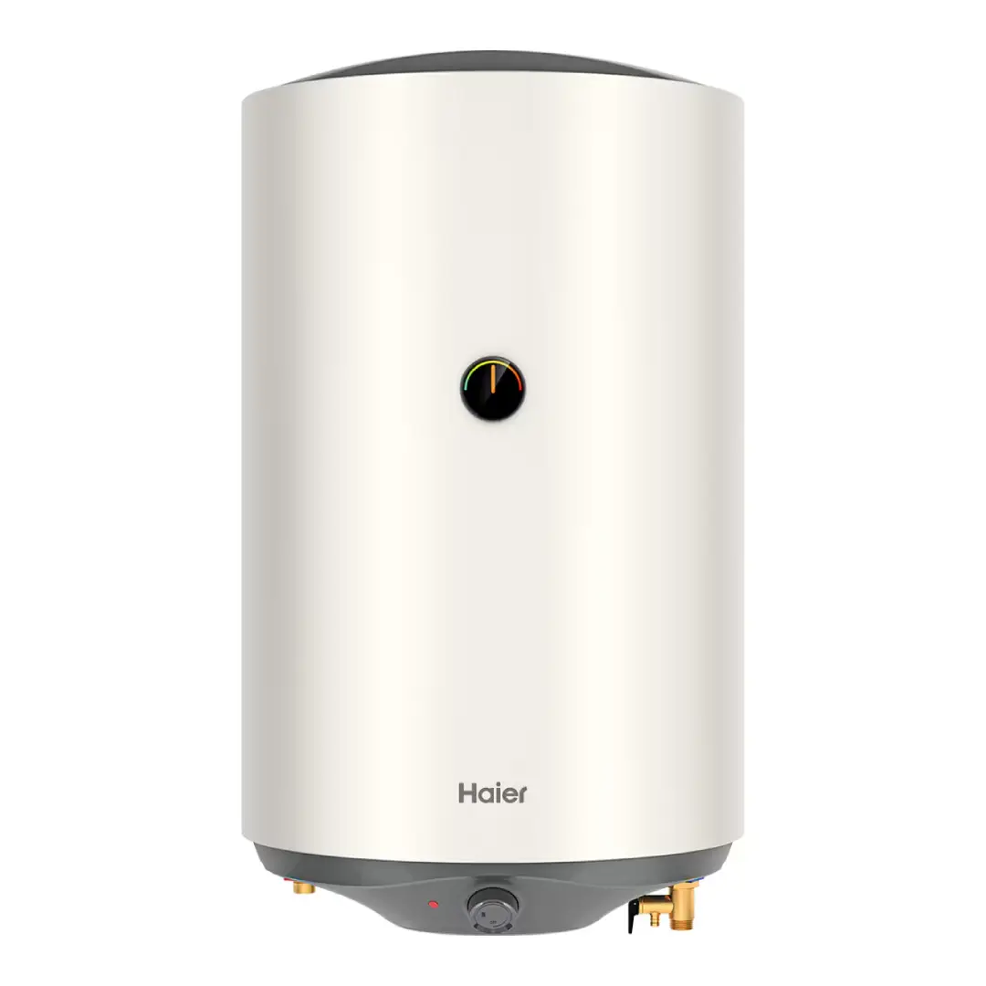 Imagen frontal del termo eléctrico Haier ES80V-RM1 de 80 litros, con control mecánico y posibilidad de instalación tanto horizontal como vertical.