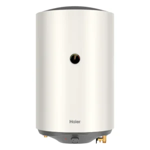 Imagen frontal del termo eléctrico Haier ES100V-RM1 de 75 litros, con control mecánico y posibilidad de instalación tanto vertical como horizontal.