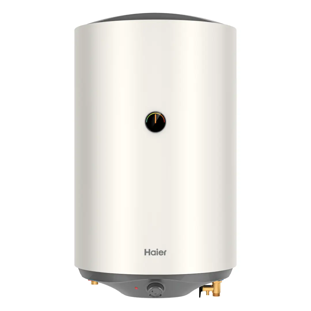 Imagen frontal del termo eléctrico Haier ES100V-RM1 de 75 litros, con control mecánico y posibilidad de instalación tanto vertical como horizontal.