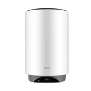 Imagen frontal del termo eléctrico Haier ES50V-VH3W de 50 litros, con conectividad WiFi y posibilidad de instalación horizontal o vertical.