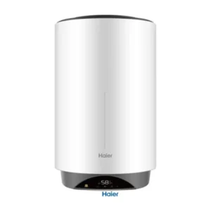 Imagen frontal del termo eléctrico Haier ES80V-VH3W de 80 litros, con conectividad WiFi, control electrónico y posibilidad de instalación horizontal o vertical.