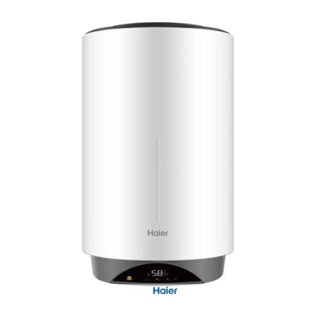 Imagen frontal del termo eléctrico Haier ES80V-VH3W de 80 litros, con conectividad WiFi, control electrónico y posibilidad de instalación horizontal o vertical.