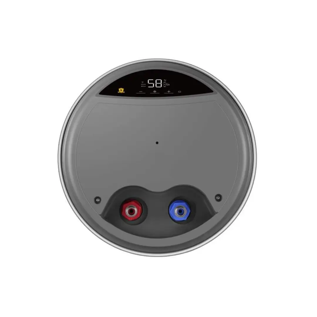 Imagen en primer plano del panel de control del termo Haier ES100V-VH3W, mostrando la pantalla digital y los ajustes de temperatura y programación.