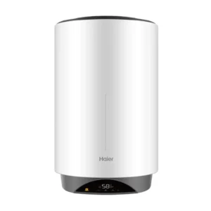 Imagen frontal del termo eléctrico Haier ES100V-VH3W de 95 litros, con conectividad WiFi y posibilidad de instalación vertical u horizontal.