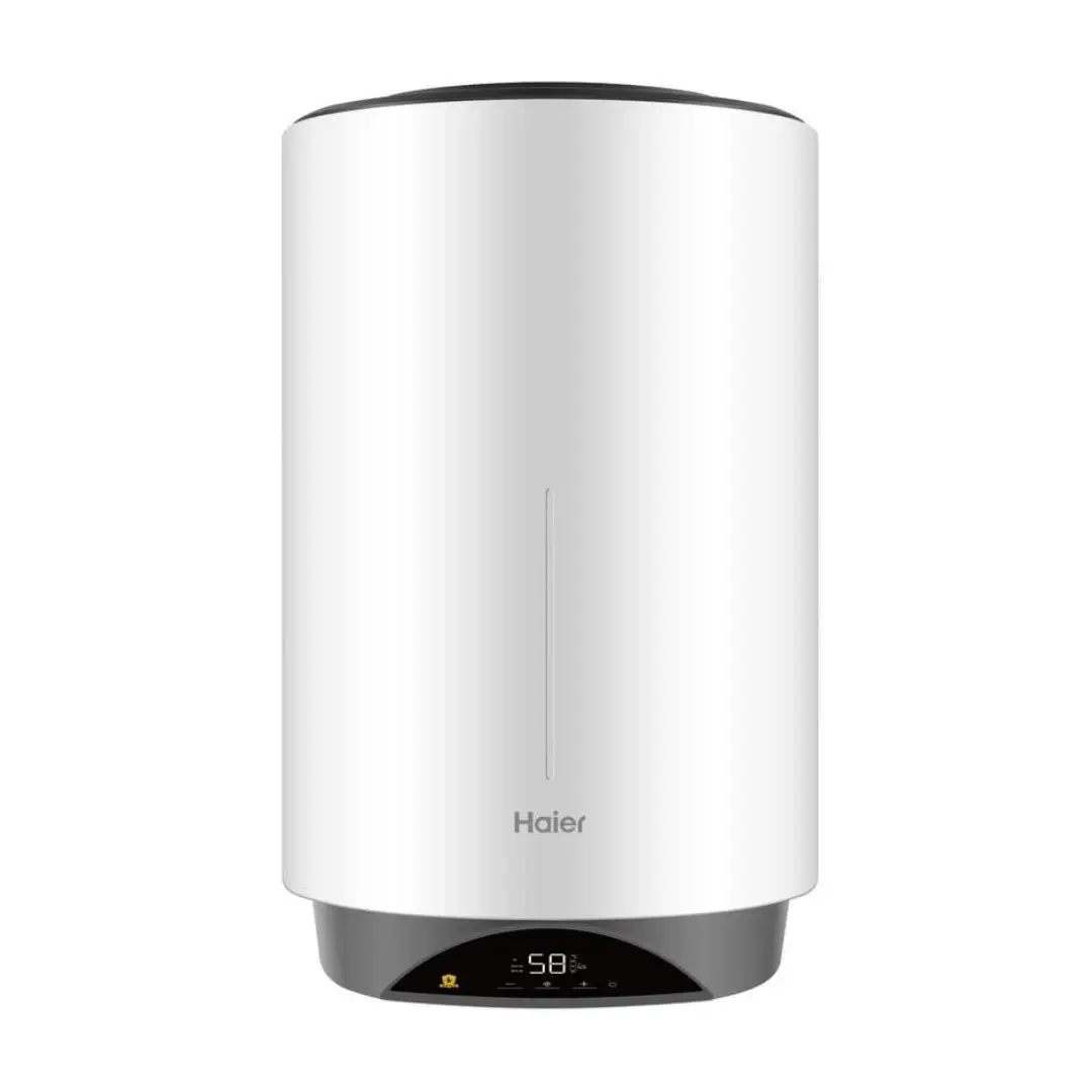 Imagen frontal del termo eléctrico Haier ES100V-VH3W de 95 litros, con conectividad WiFi y posibilidad de instalación vertical u horizontal.