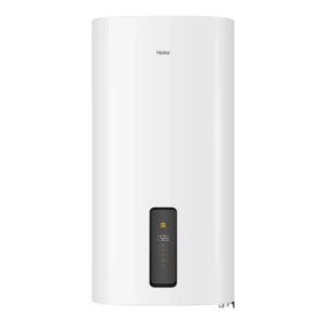 Imagen frontal del termo eléctrico Haier ES80V-FE1W de 80 litros, con sistema de doble tanque, conectividad WiFi y opción de instalación horizontal o vertical.