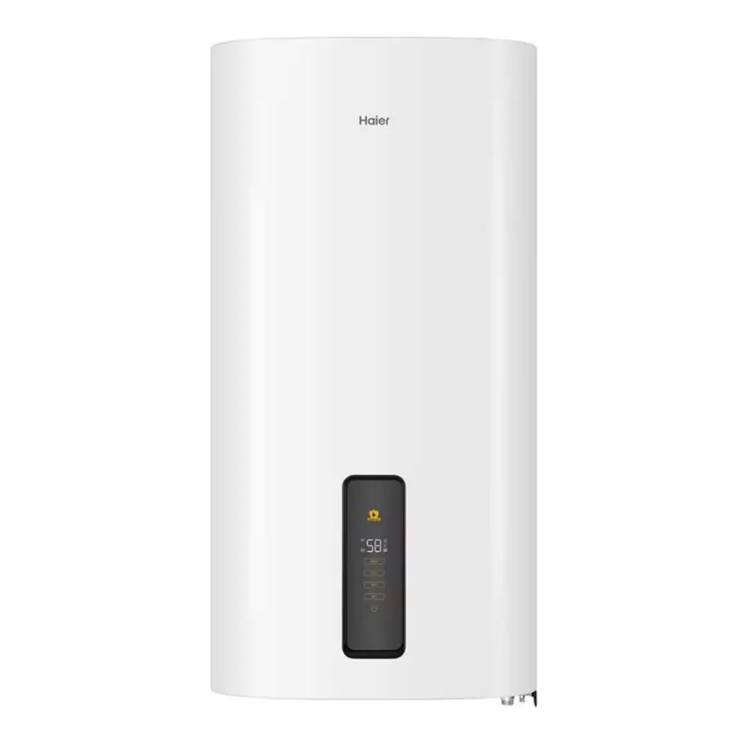 Imagen frontal del termo eléctrico Haier ES80V-FE1W de 80 litros, con sistema de doble tanque, conectividad WiFi y opción de instalación horizontal o vertical.