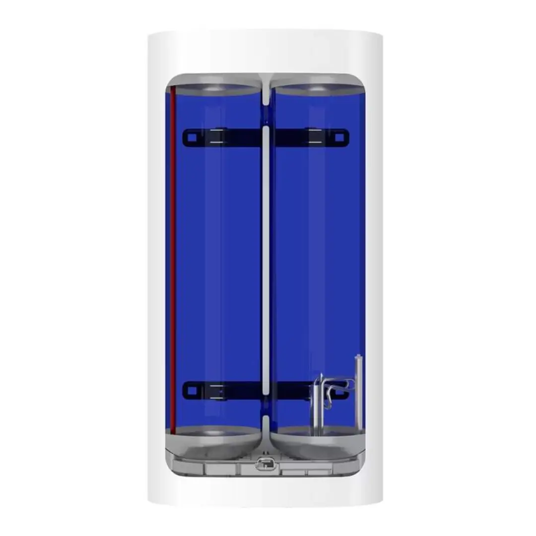 Imagen en primer plano del doble tanque del termo eléctrico Haier ES100V-FE1W, mostrando su diseño interno y capacidad de 100 litros.