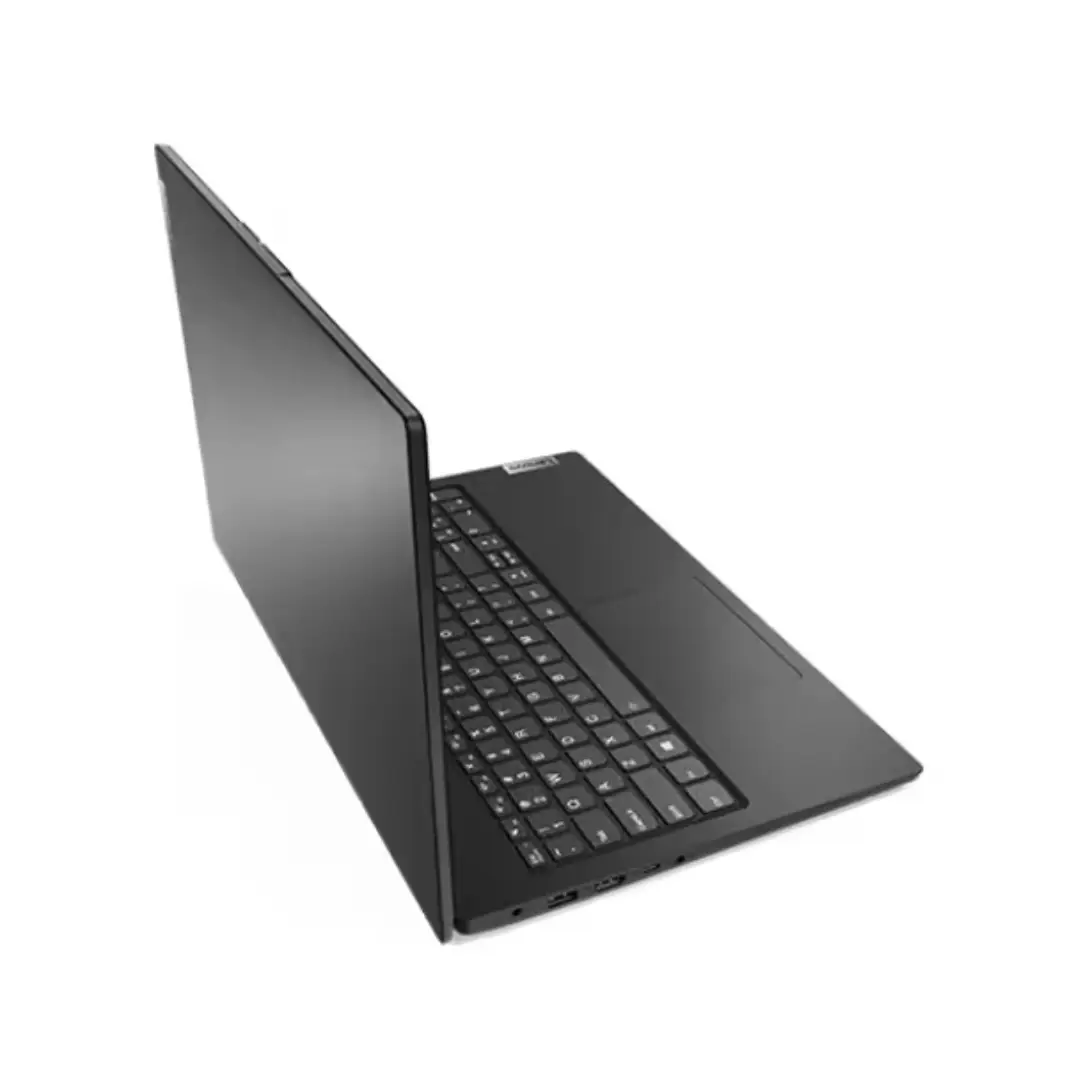 Imagen del portátil Lenovo V15 G4 82YU0169SP desde la vista lateral y trasera, mostrando su diseño profesional, bisagra, puertos y acabado exterior.