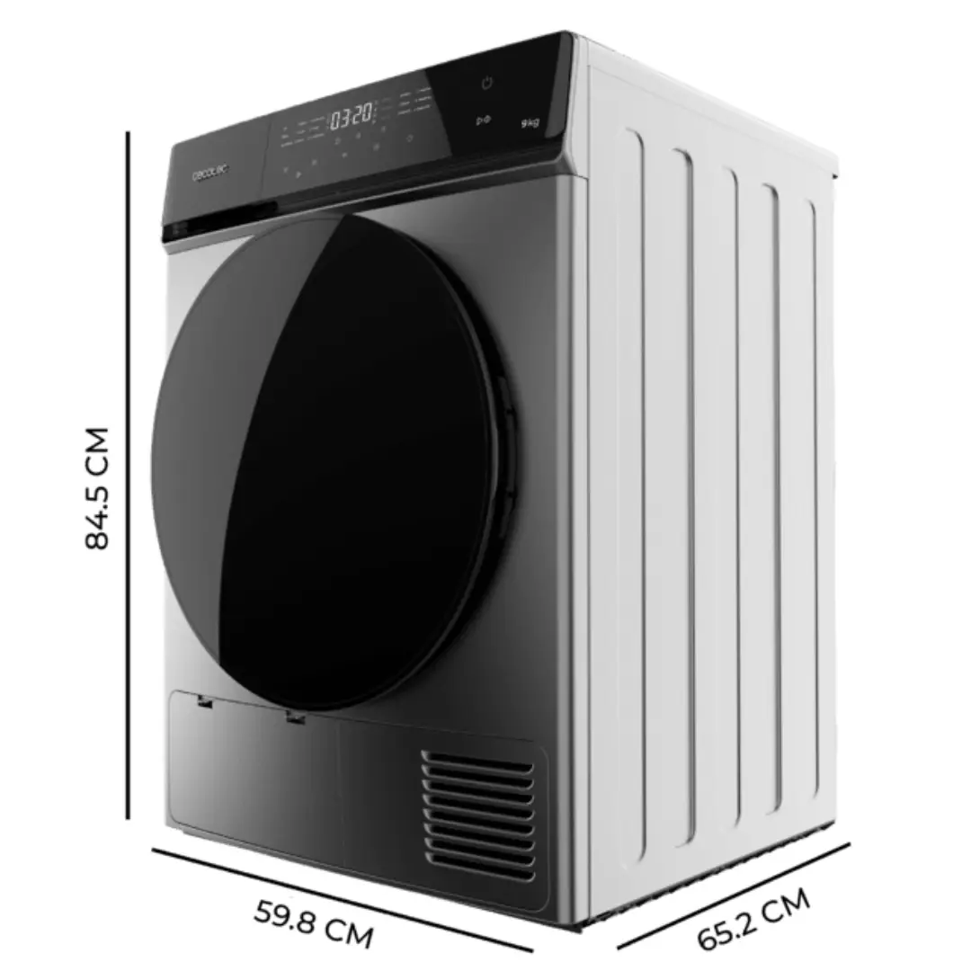 Imagen con las dimensiones de la secadora Cecotec DressCode Dry 9400 Dark Inox, mostrando altura, anchura y profundidad del electrodoméstico.