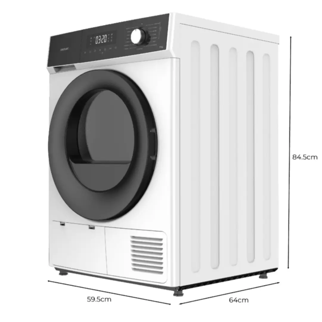 Dimensiones de la secadora Cecotec Bolero DressCode Dry 9330, altura, anchura y profundidad, capacidad de 9 kg, ideal para planificación del espacio en lavandería o cocina.